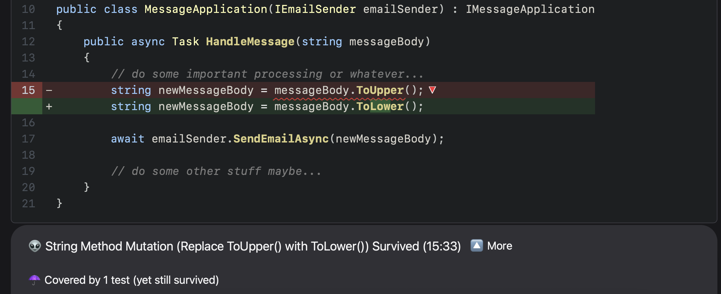 String mutation covered by 1 test but still survived